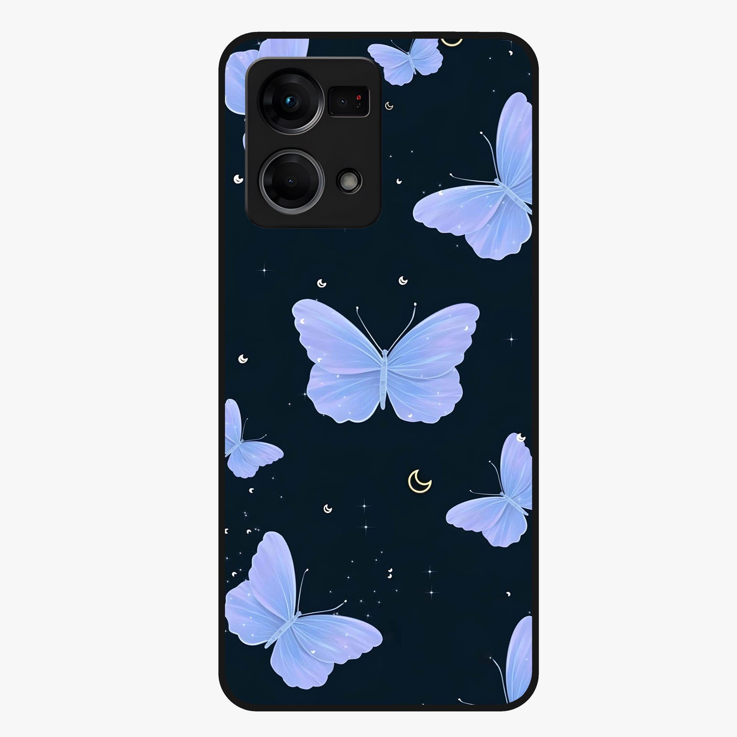 Butterfly With Stars Pattern Glass Case showing flat back view with butterfly and star pattern artwork and glossy glass finish.