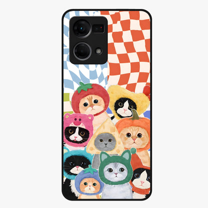 Cats in Fruits Glass Case showing flat back view with playful cat illustrations inside fruit artwork and glossy glass finish.