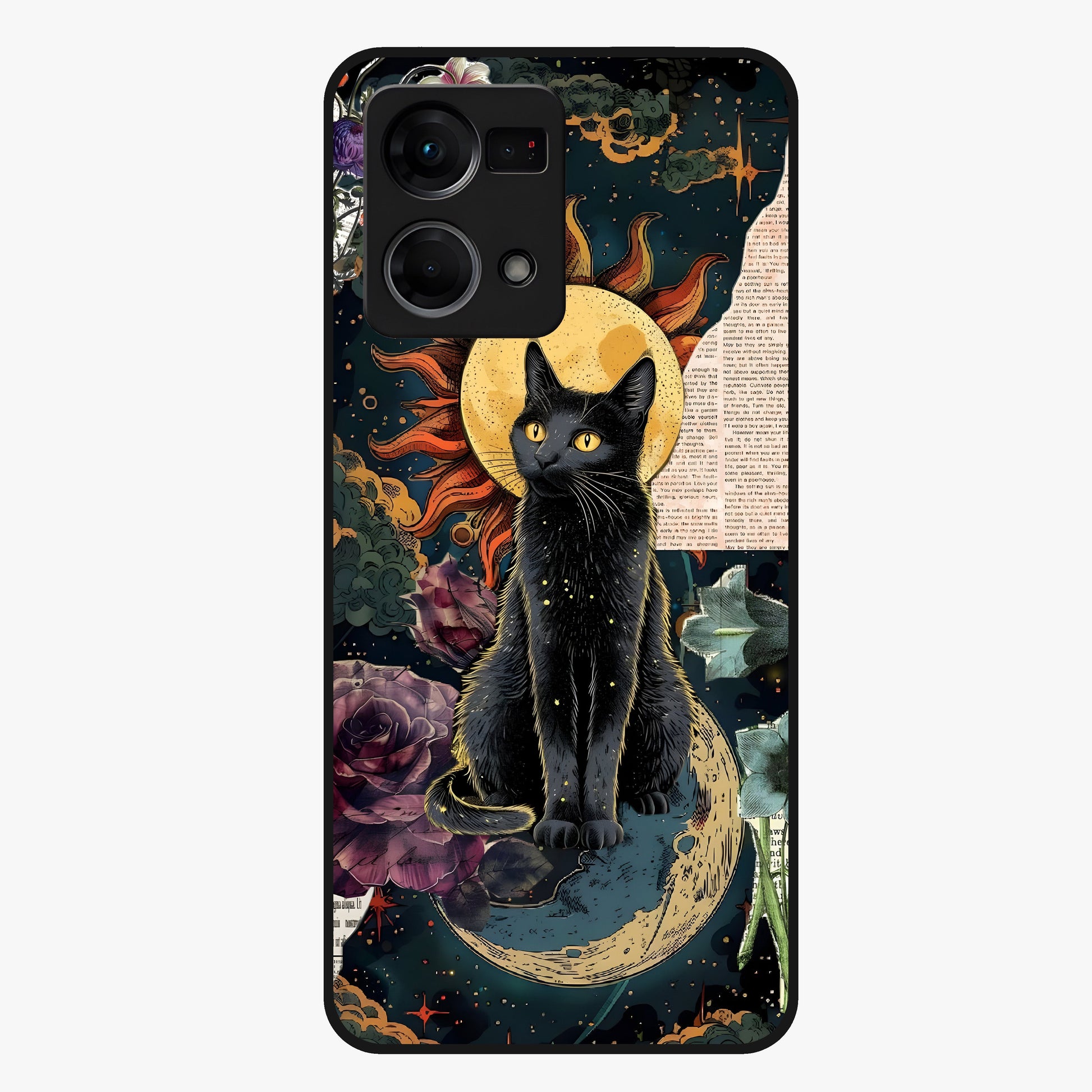 Celestial Black Cat Glass Case showing flat back view with mystical black cat artwork and glossy glass finish.