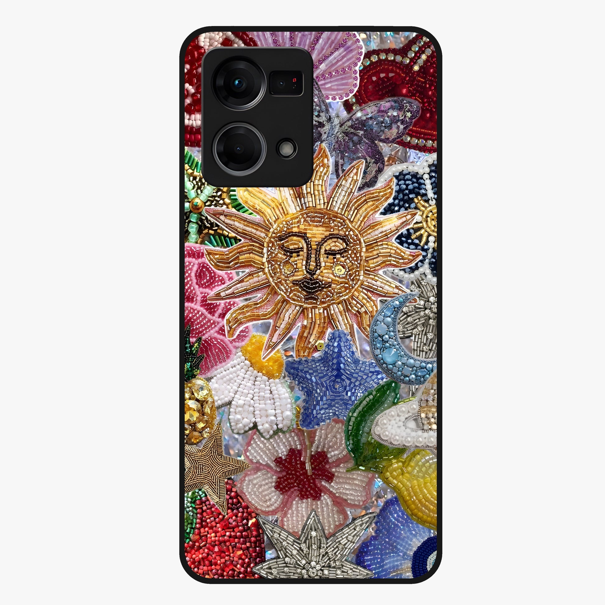 Celestial Floral and Playful Glass Case showing flat back view with floral and celestial themed artwork and glossy glass finish.