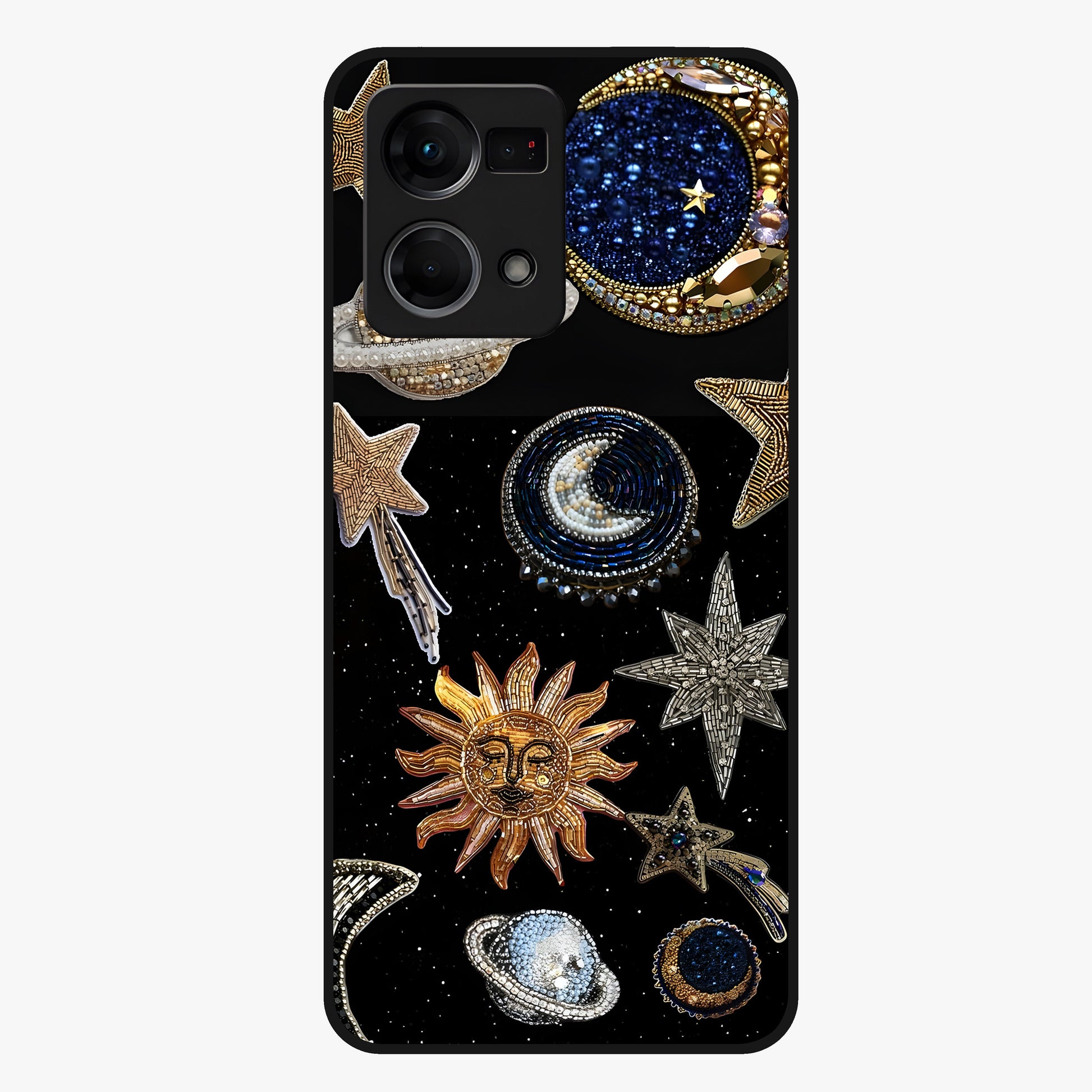 Celestial Gem Constellations Glass Case showing flat back view with sparkling constellation artwork and glossy glass finish.