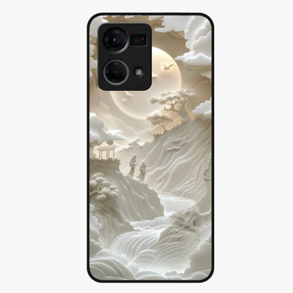 Celestial Origami Glass Case showing flat back view with artistic origami inspired celestial artwork and glossy glass finish.