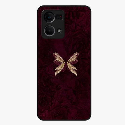 Crimson Fade Butterfly Glass Case showing flat back view with fading butterfly artwork and glossy glass finish.