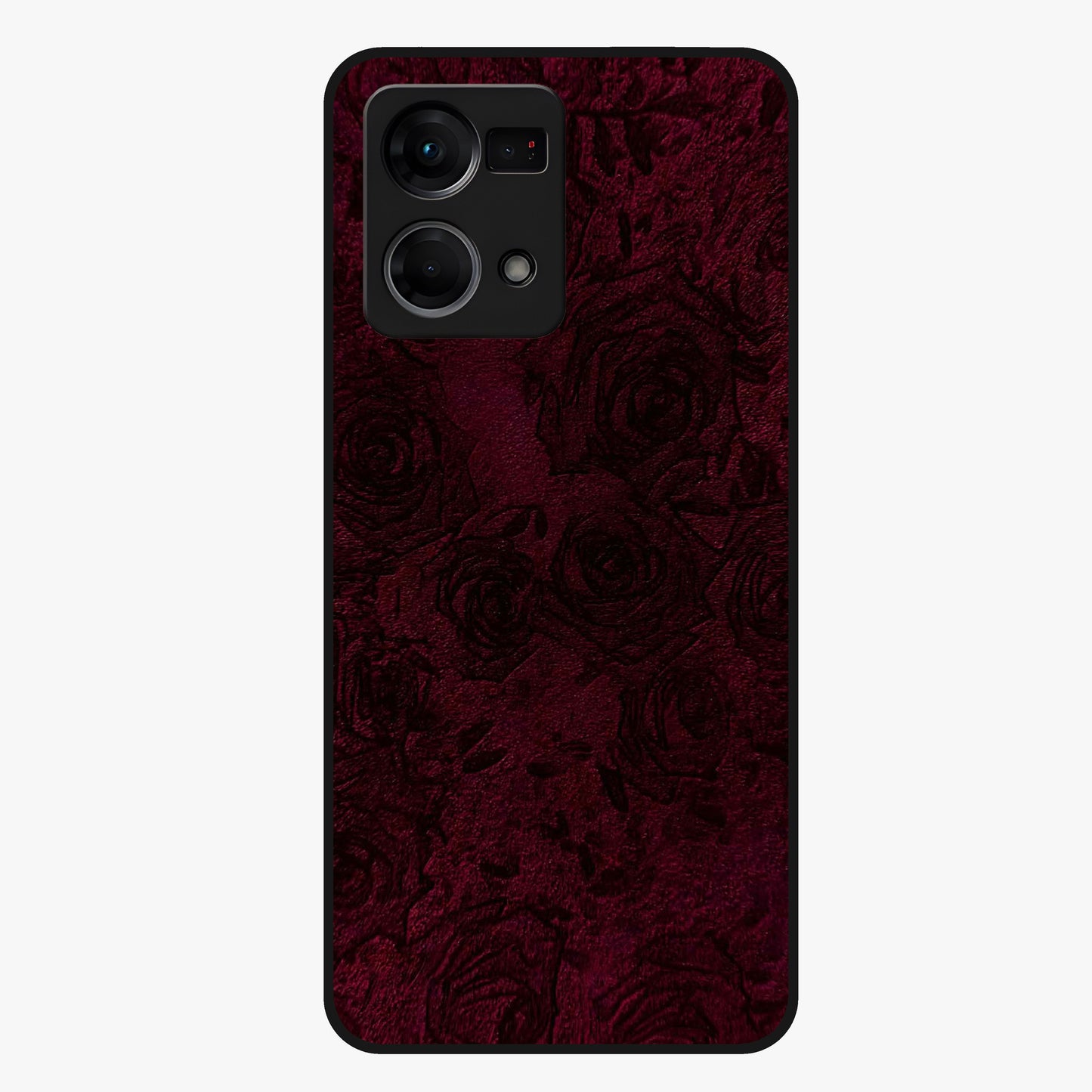 Crimson Fade Flow Glass Case showing flat back view with flowing crimson gradient artwork and glossy glass finish.