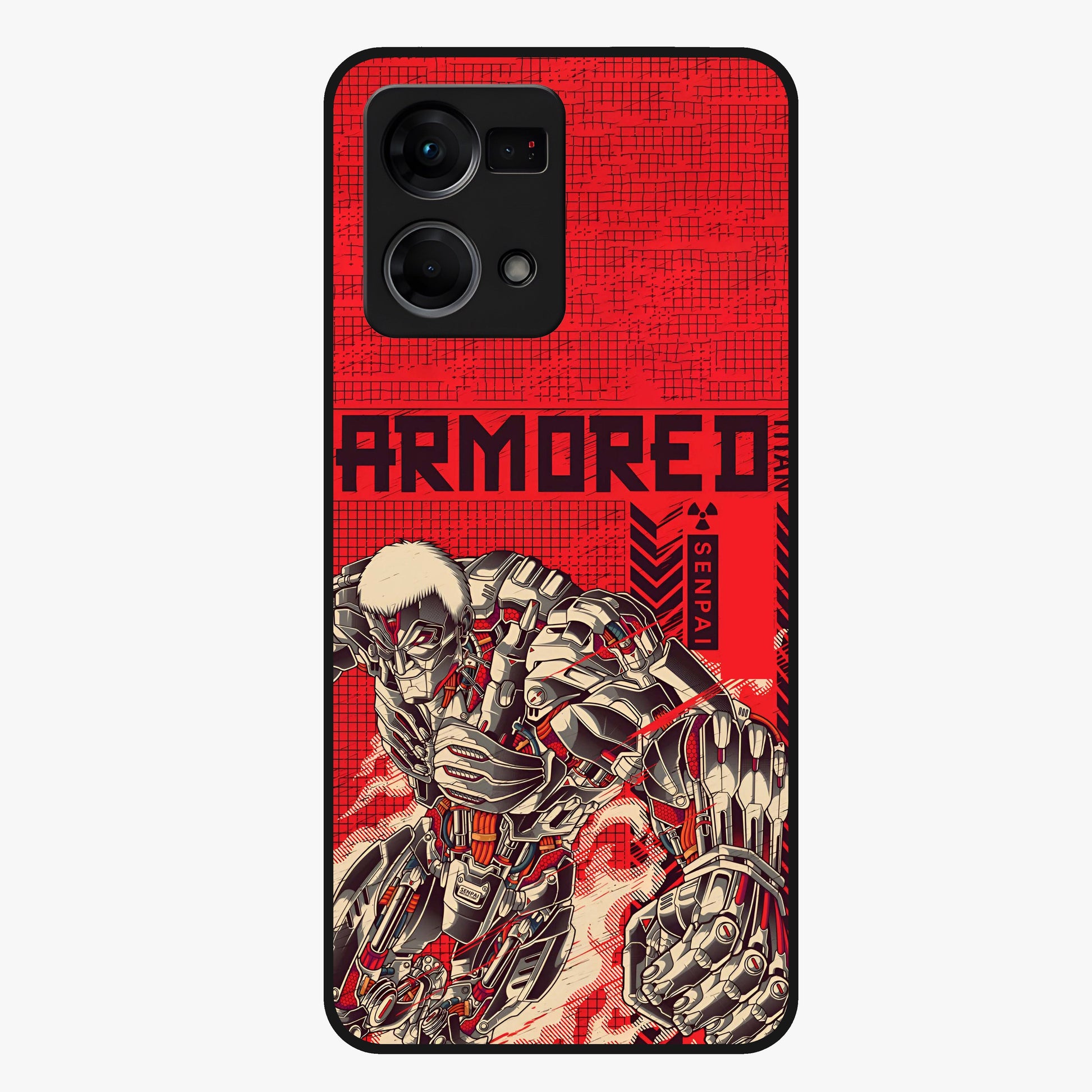 Crimson Mecha Titan Glass Case showing flat back view with powerful mech titan artwork and glossy glass finish.
