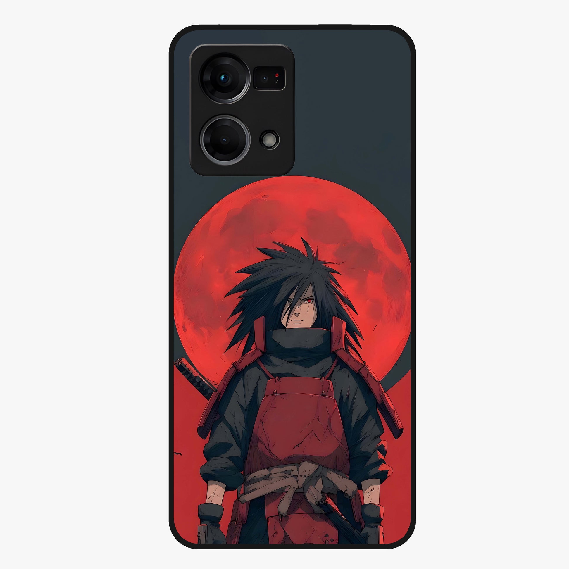 Crimson Moon Warlord Glass Case showing flat back view with mystical moon warrior artwork and glossy glass finish.
