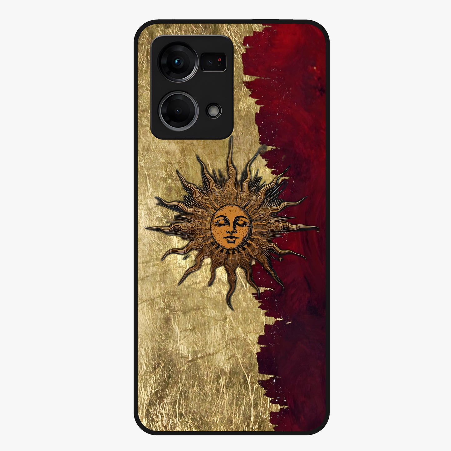 Crimson Sun Majesty Glass Case showing flat back view with radiant sun inspired artwork and glossy glass finish.