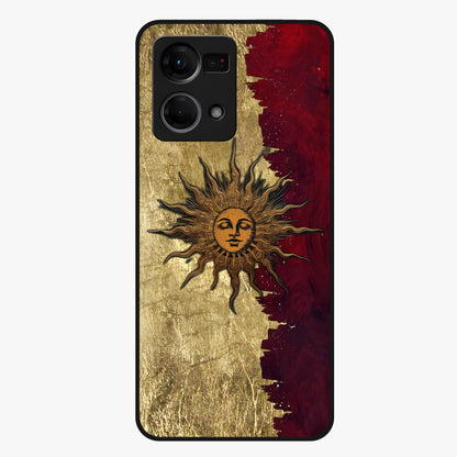 Crimson Sun Majesty Glass Case showing flat back view with radiant sun inspired artwork and glossy glass finish.