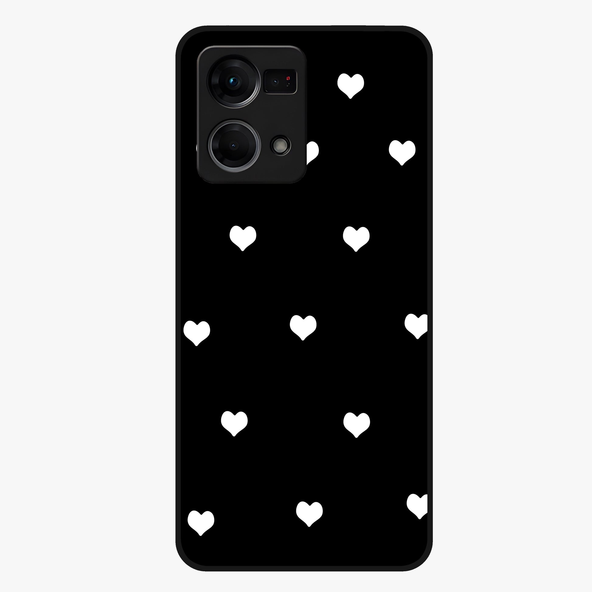 Cute And Simple White Hearts Glass Case showing flat back view with minimal white heart pattern and glossy glass finish.