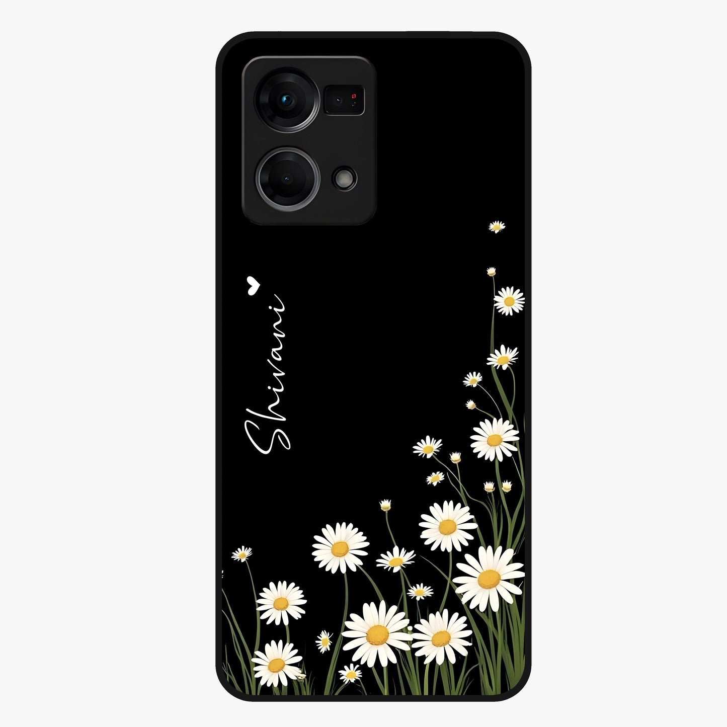 Daisy Cascade Custom Name Glass Case showing flat back view with cascading daisy flowers and personalized name design.