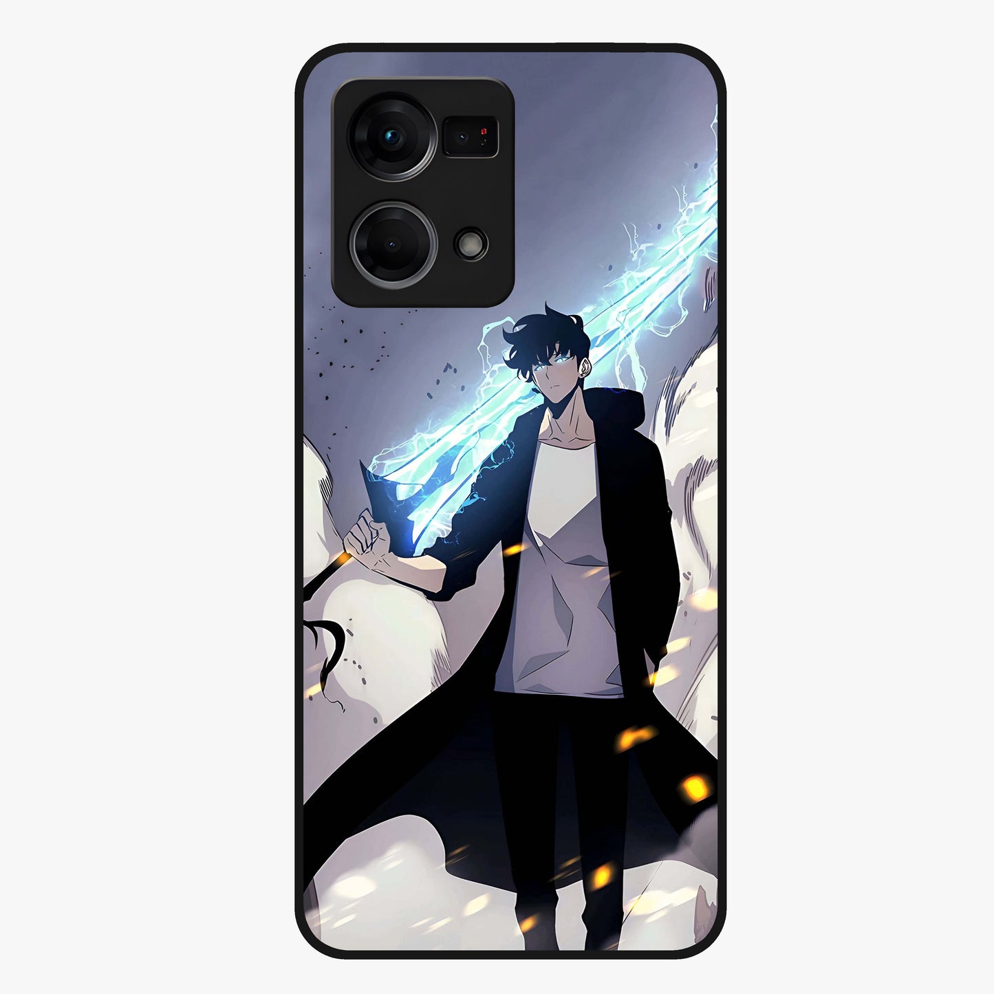 Dark Lightning Anime Warrior Glass Case showing flat back view with intense anime warrior artwork and glossy glass finish.