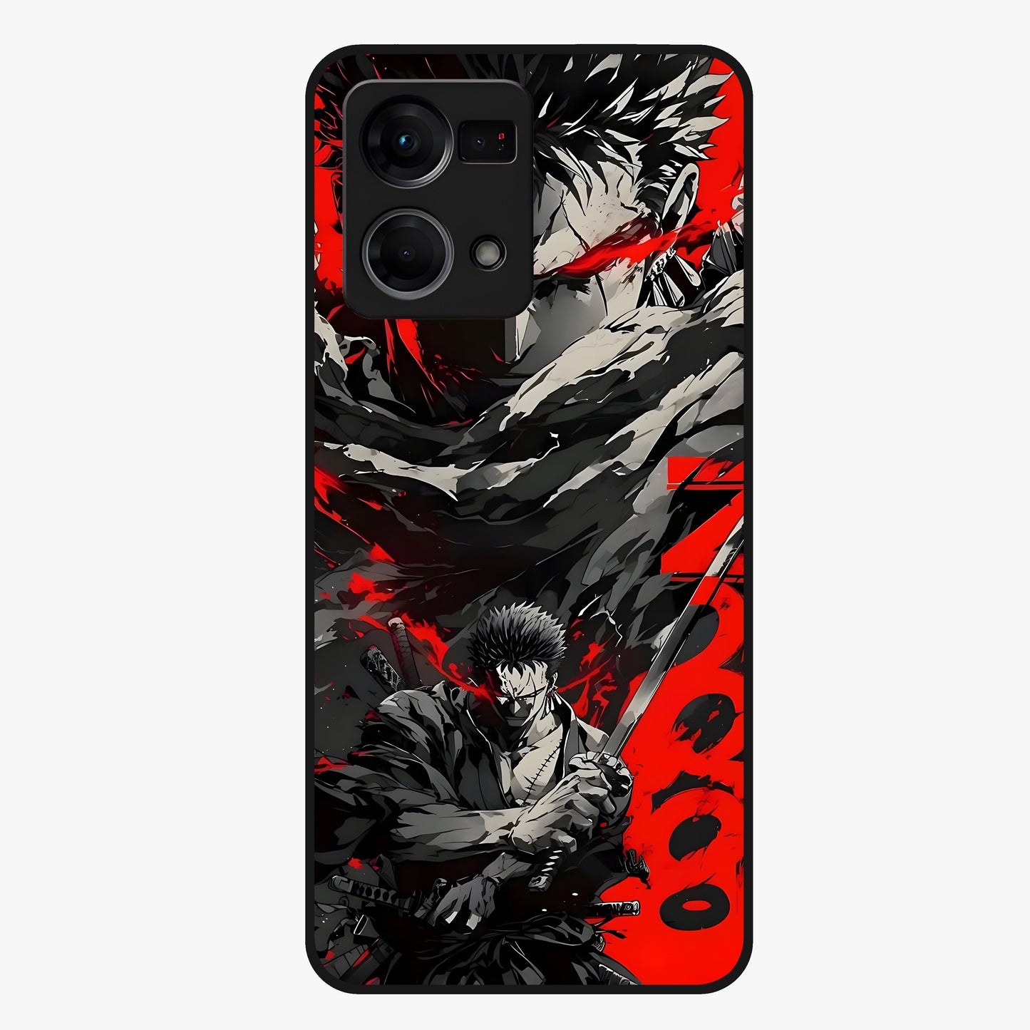 Demon Sword Resolve Glass Case showing flat back view with fierce sword warrior artwork and glossy glass finish.