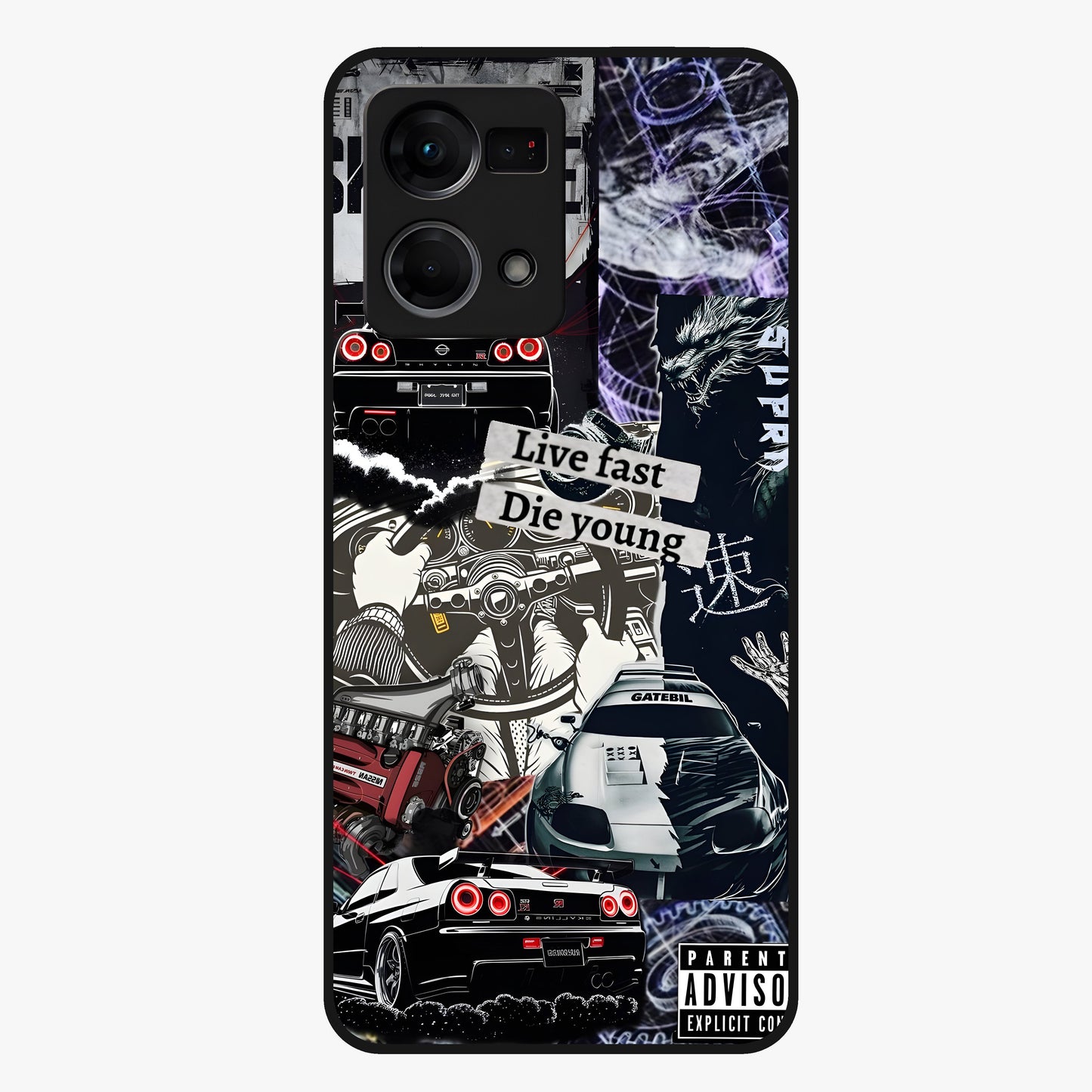 Die Young Glass Case showing flat back view with bold artistic typography design and glossy glass finish.