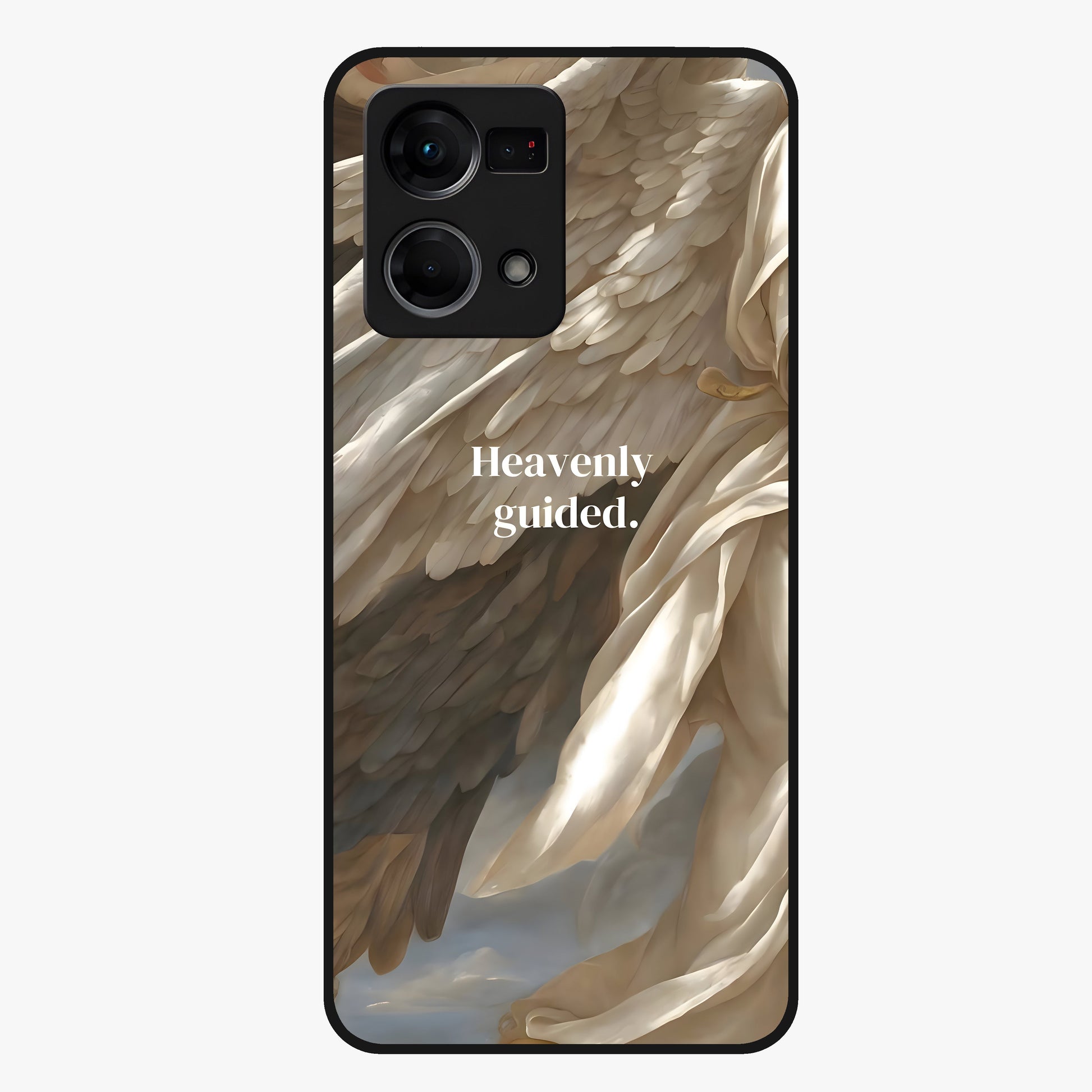 Divine Winged Grace Glass Case showing flat back view with elegant wing inspired artwork and glossy glass finish.