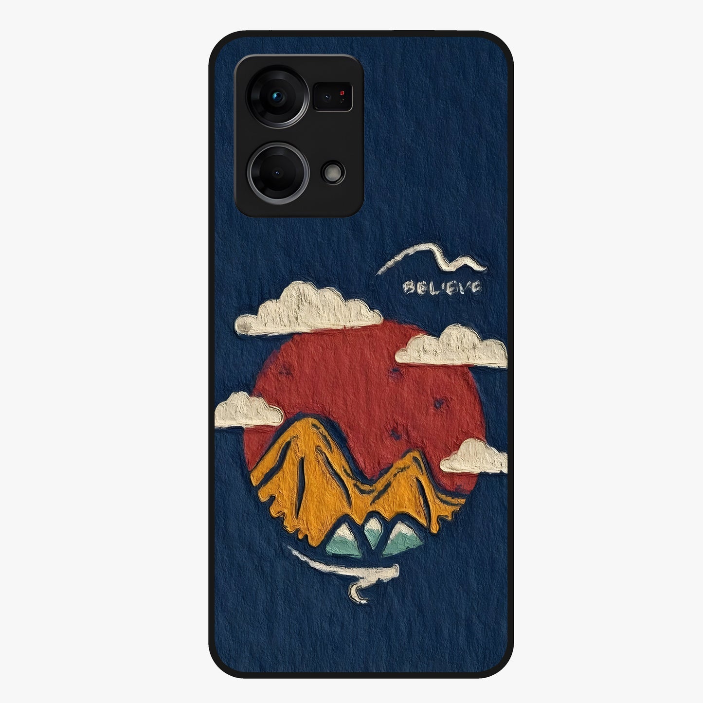 Dream Beyond Mountains Glass Case showing flat back view with scenic mountain landscape artwork and glossy glass finish.
