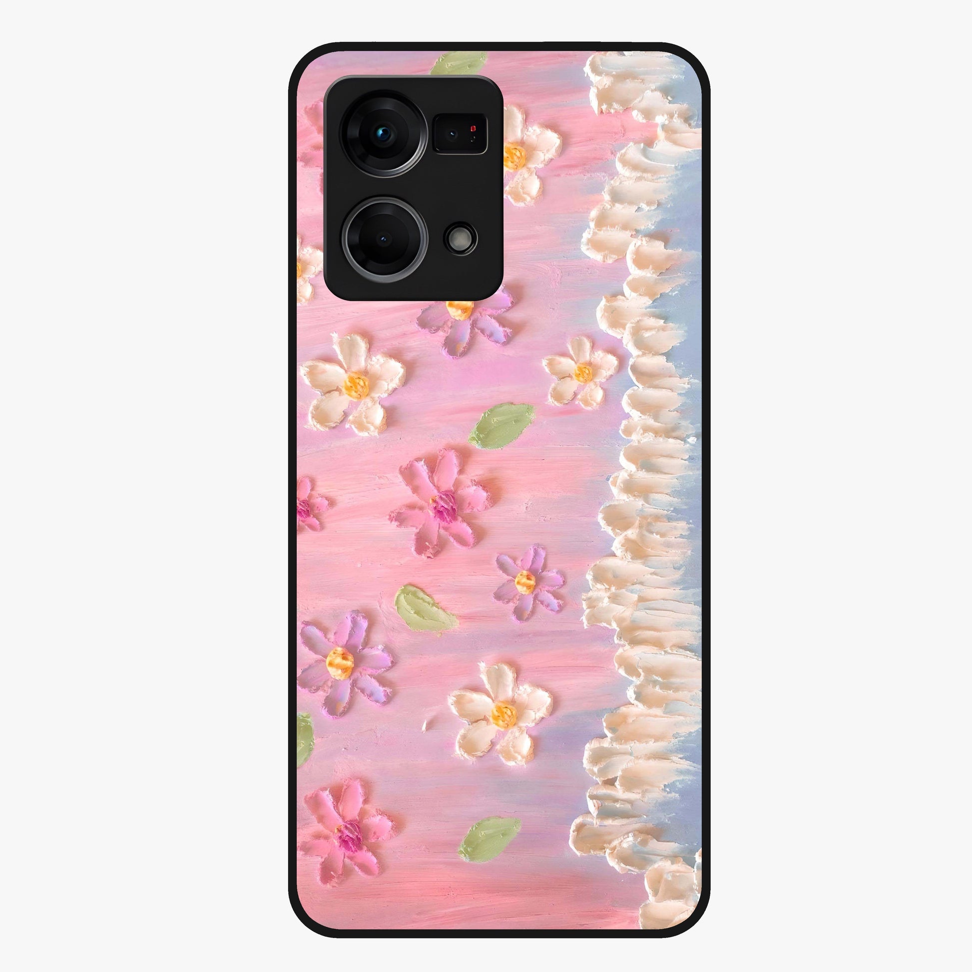 Dreamy Painted Garden Glass Case showing flat back view with artistic painted floral garden artwork and glossy glass finish.