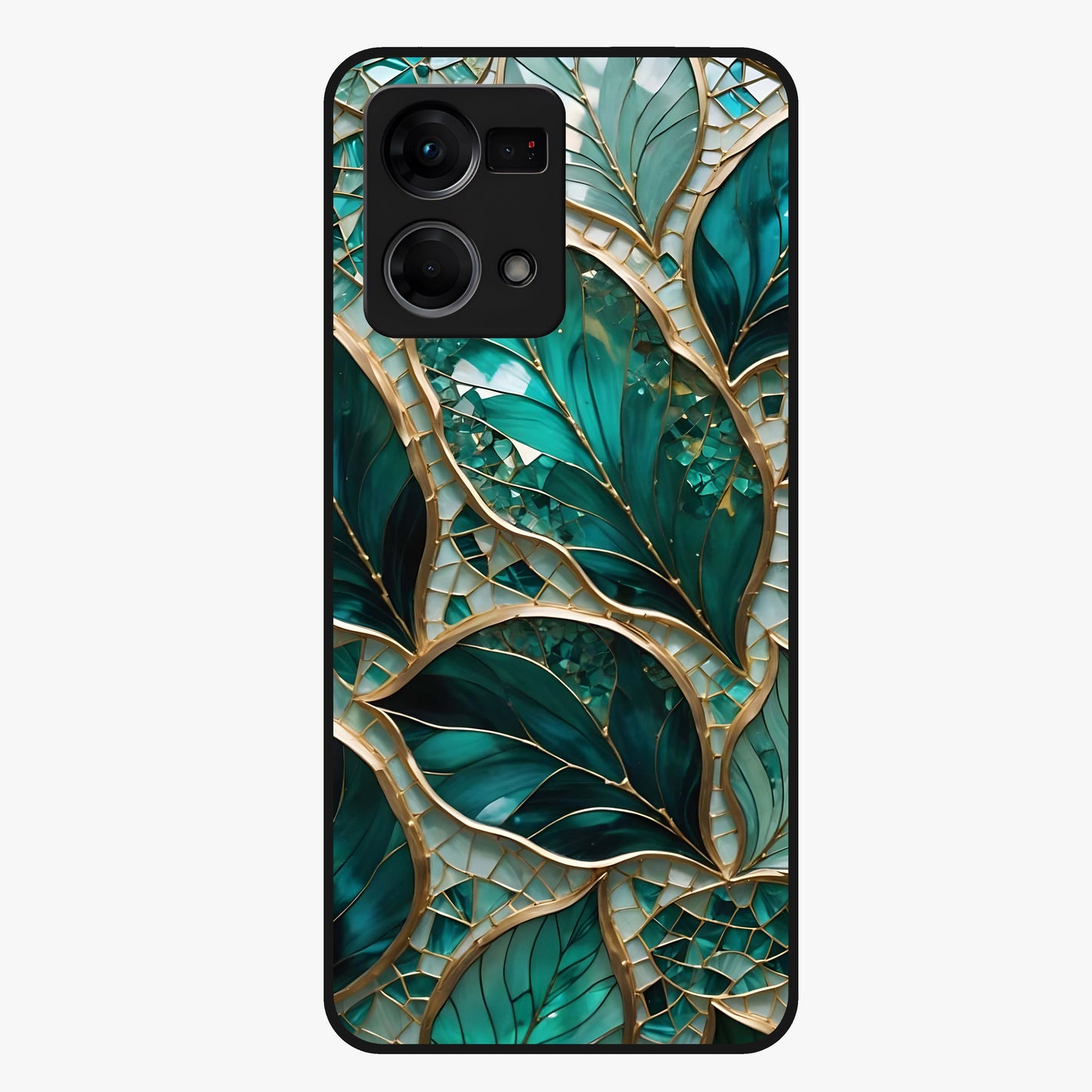 Emerald Leaf Glass Glass Case showing flat back view with emerald green leaf artwork and glossy glass finish.