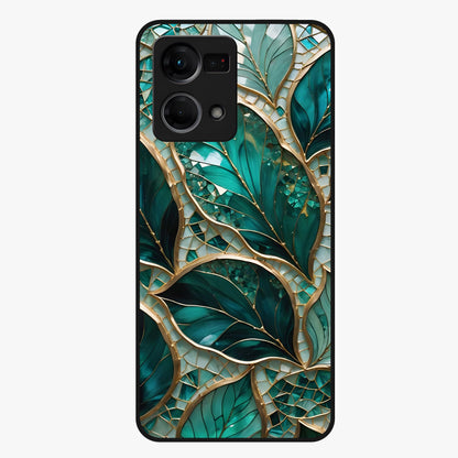 Emerald Leaf Glass Glass Case showing flat back view with emerald green leaf artwork and glossy glass finish.