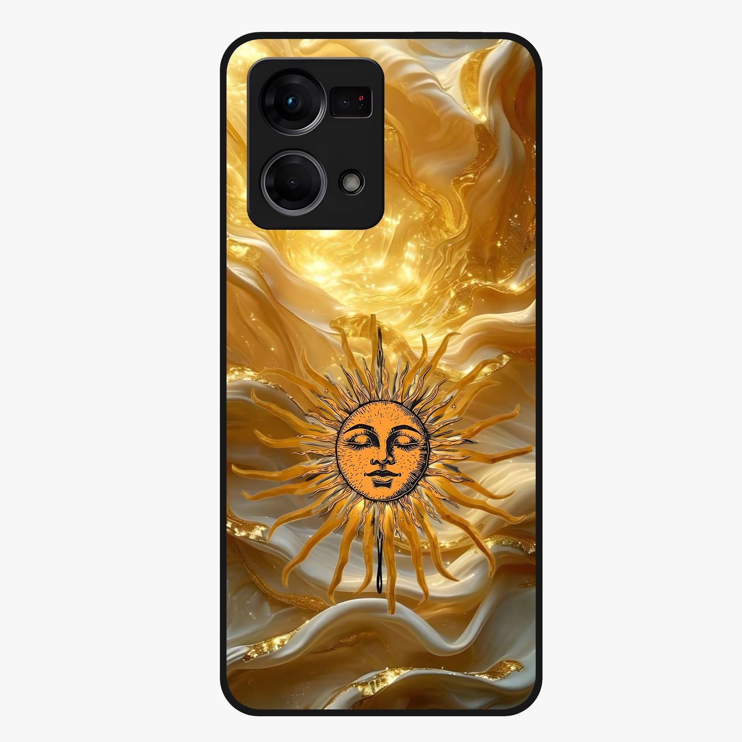 Eternal Golden Glow Glass Case showing flat back view with radiant golden themed artwork and glossy glass finish.