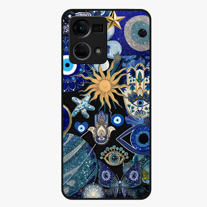Evil Eye Charm Mix Glass Case showing flat back view with multiple evil eye charms artwork and glossy glass finish.