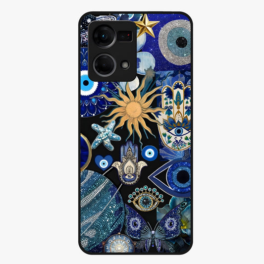 Evil Eye Charm Mix Glass Case showing flat back view with multiple evil eye charms artwork and glossy glass finish.