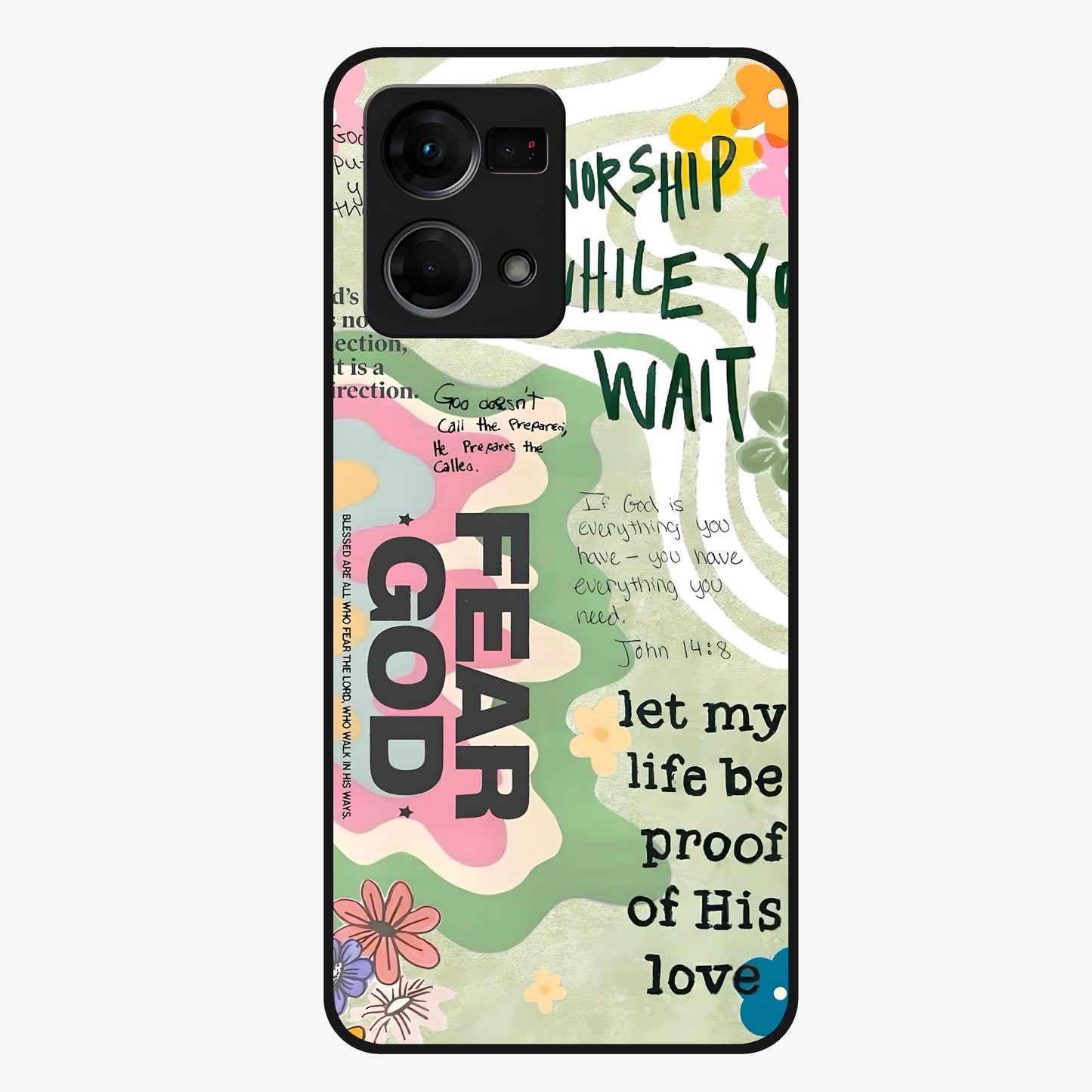 Faith Over Fear Glass Case showing flat back view with motivational typography artwork and glossy glass finish.