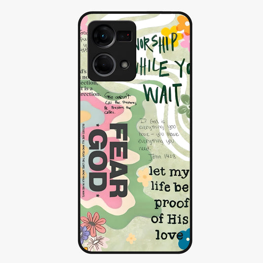 Faith Over Fear Glass Case showing flat back view with motivational typography artwork and glossy glass finish.
