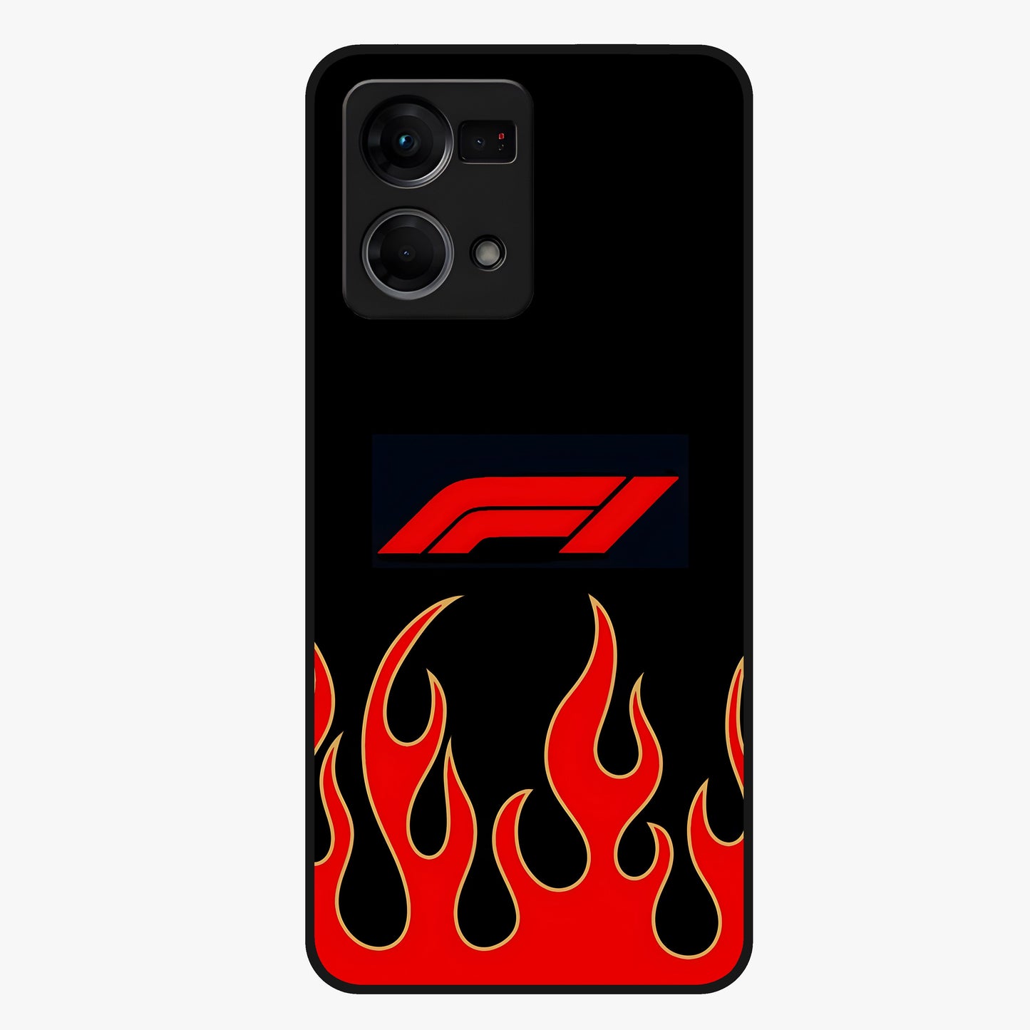 Fire F11 Glass Case showing flat back view with fiery themed artwork and glossy glass finish.