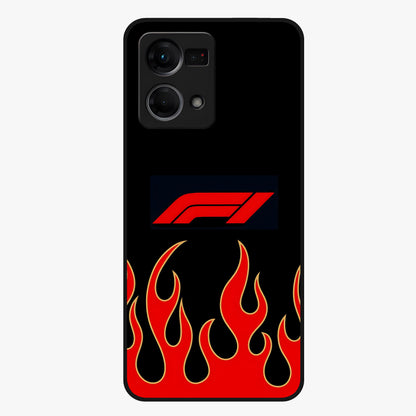 Fire F11 Glass Case showing flat back view with fiery themed artwork and glossy glass finish.