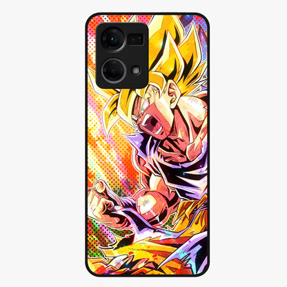 Firing Goku Glass Case showing flat back view with powerful anime inspired artwork and glossy glass finish.