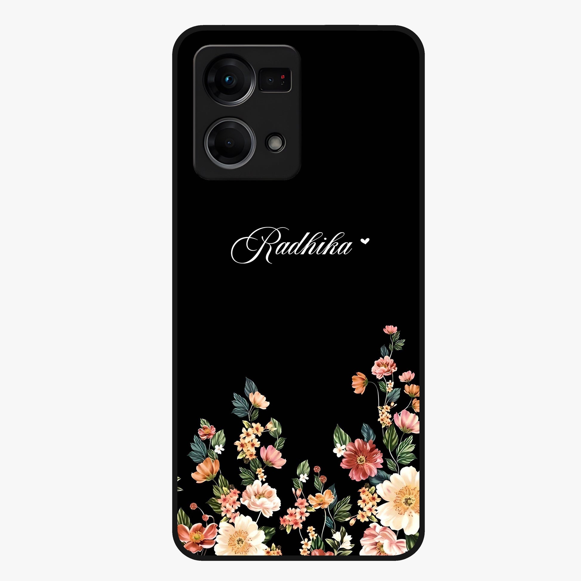 Floral Design With a Custom Personalized Name Glass Case showing flat back view with floral artwork and personalized name design.