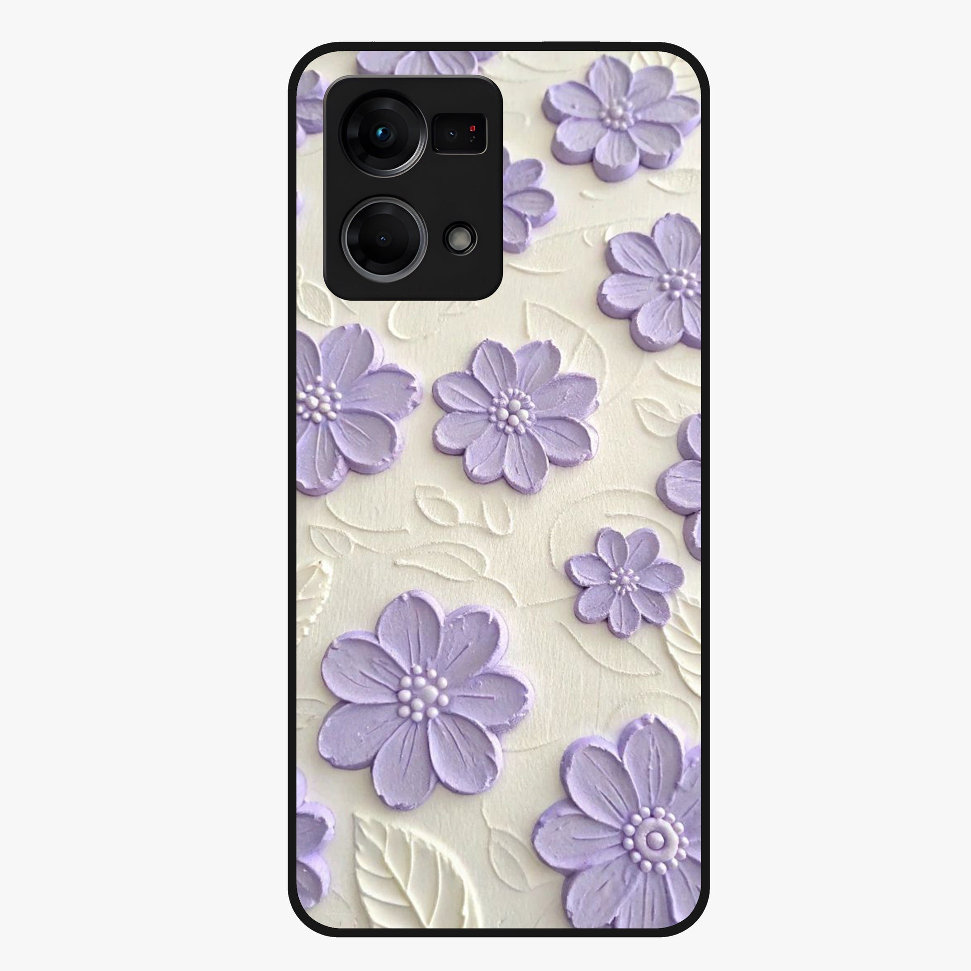 Floral Wall Art With Purple Flowers Glass Case showing flat back view with purple flower artwork and glossy glass finish.