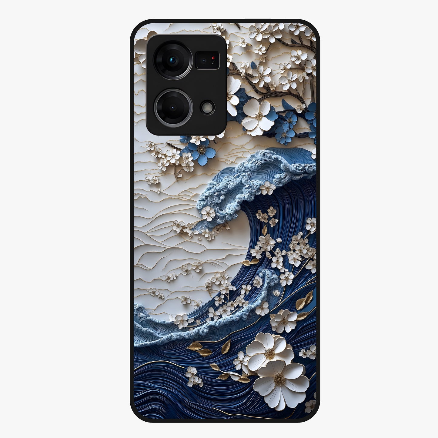 Floral Wave Origami Glass Case showing flat back view with origami inspired floral wave artwork and glossy glass finish.