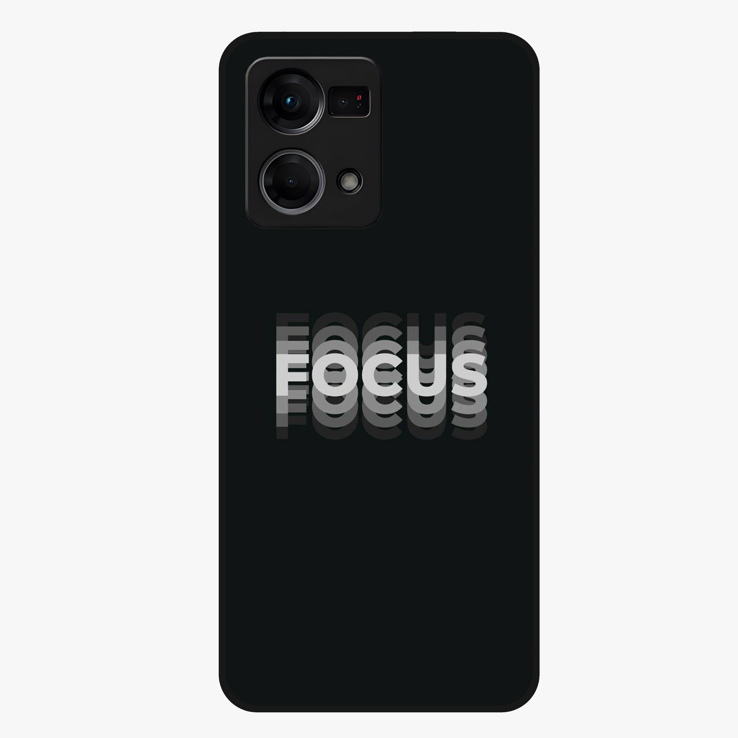 Focus Mode On Glass Case showing flat back view with bold motivational typography design and glossy glass finish.
