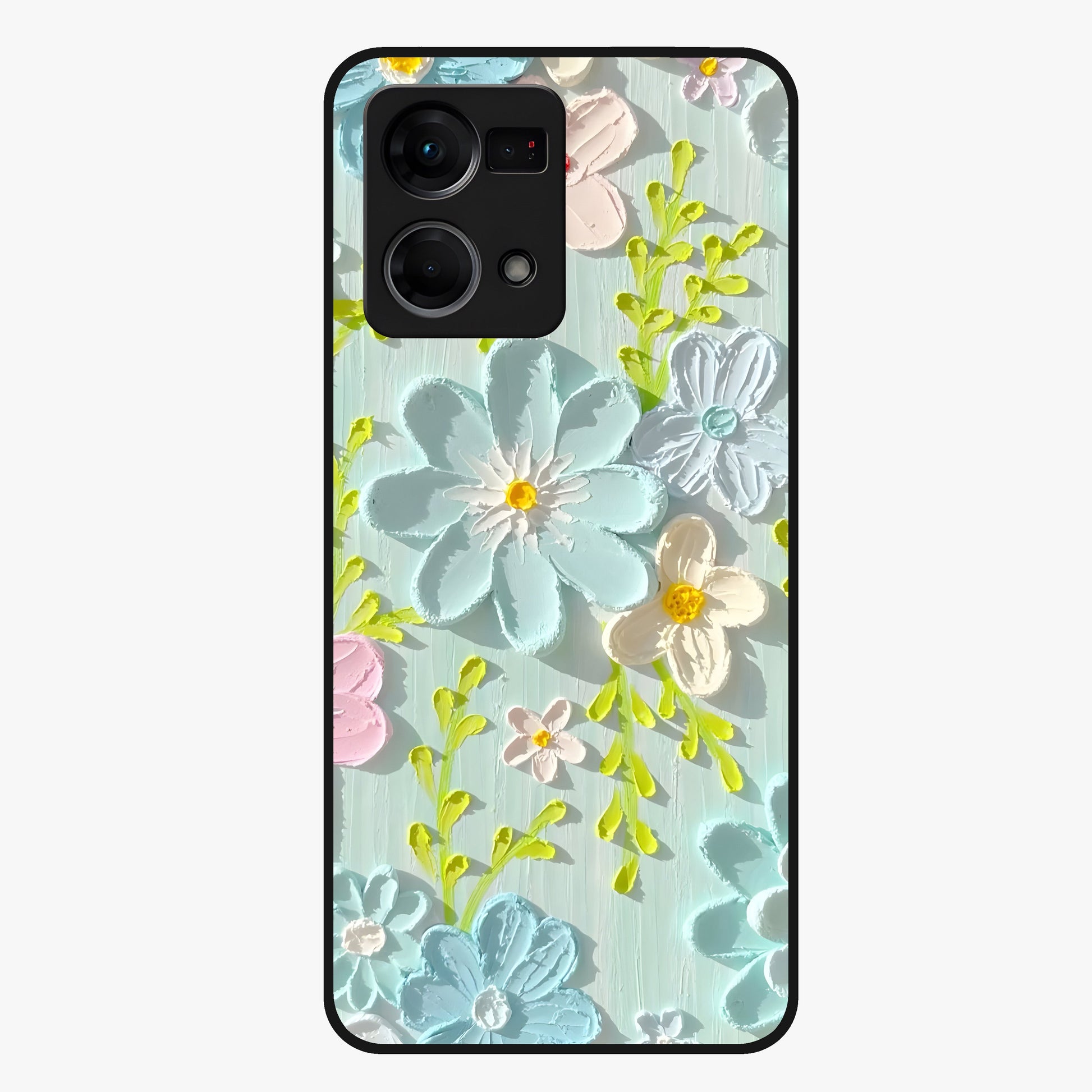 Frosted Petal Garden Glass Case showing flat back view with soft frosted floral artwork and glossy glass finish.