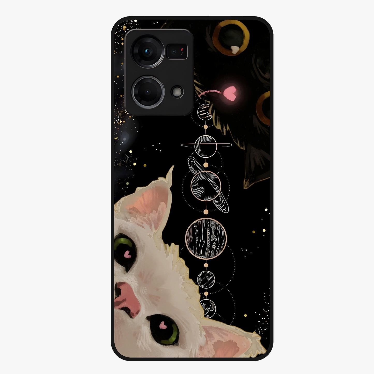 Galactic Cat Glass Case showing flat back view with cosmic cat artwork and glossy glass finish.