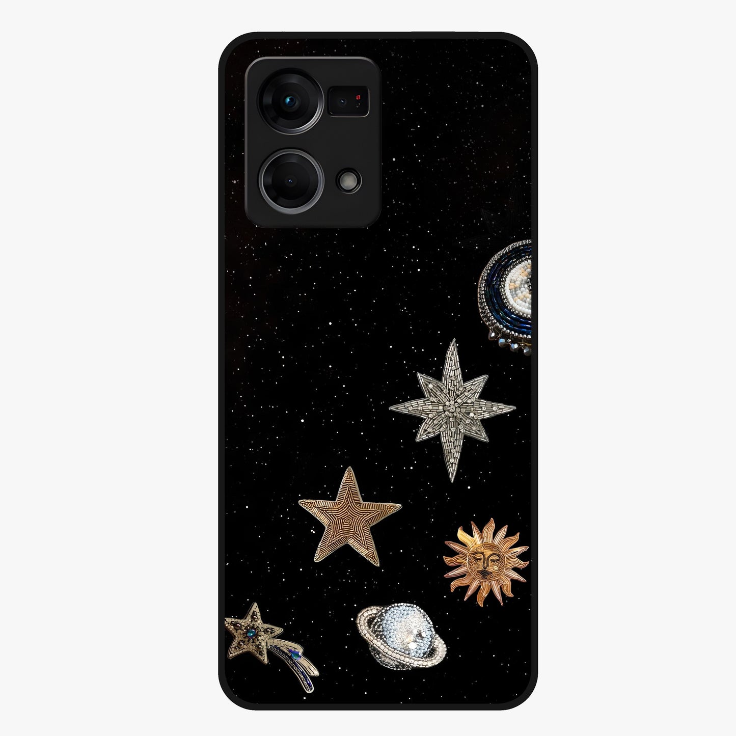 Galactic Charm Glow Glass Case showing flat back view with glowing celestial charm artwork and glossy glass finish.
