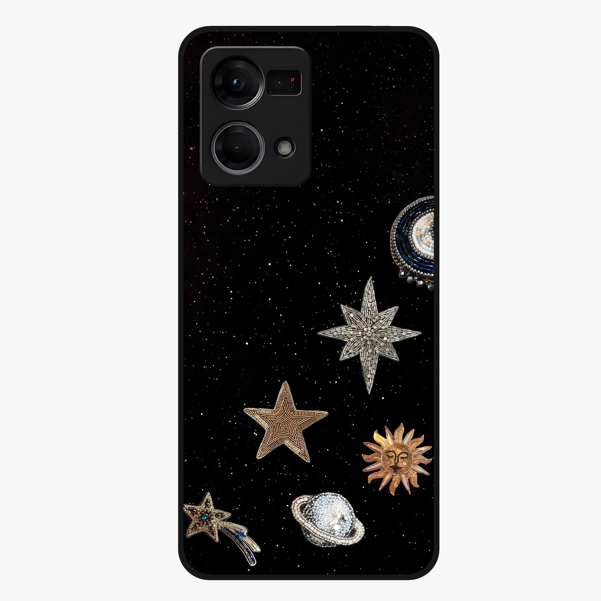 Galactic Charm Glow Glass Case showing flat back view with glowing celestial charm artwork and glossy glass finish.