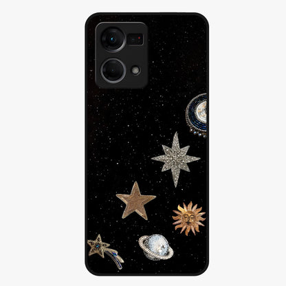 Galactic Charm Glow Glass Case showing flat back view with glowing celestial charm artwork and glossy glass finish.