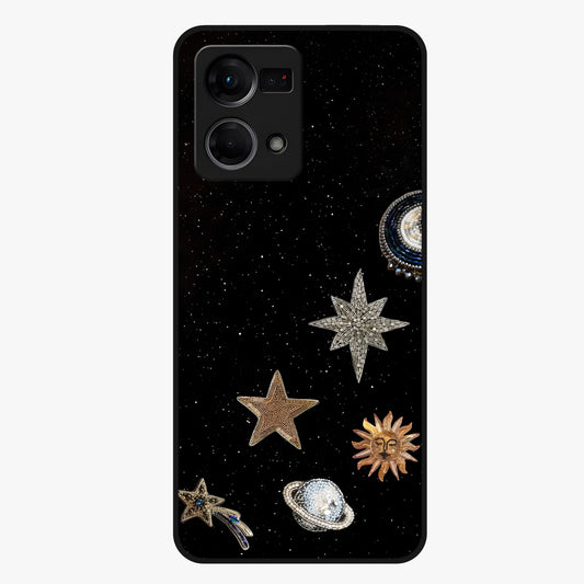 Galactic Charm Glow Glass Case showing flat back view with glowing celestial charm artwork and glossy glass finish.