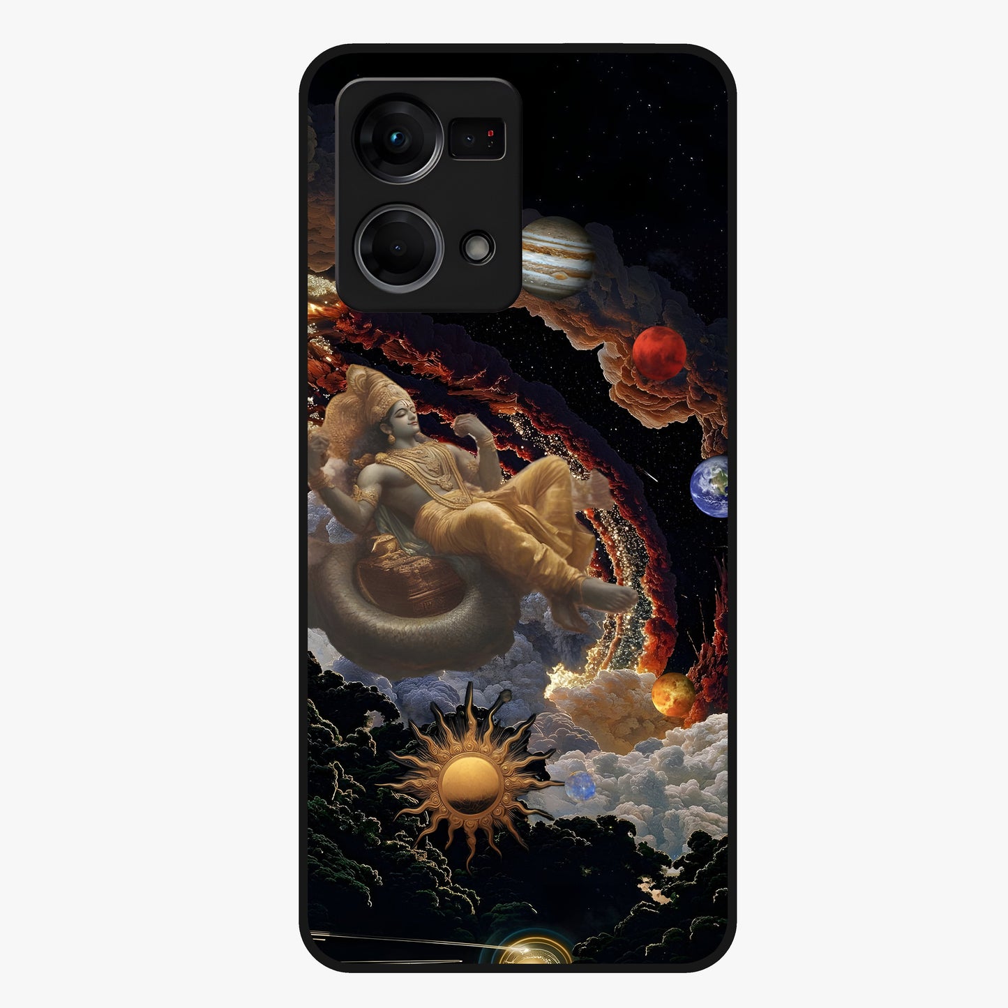 Galactic Divine God Glass Case showing flat back view with divine cosmic themed artwork and glossy glass finish.