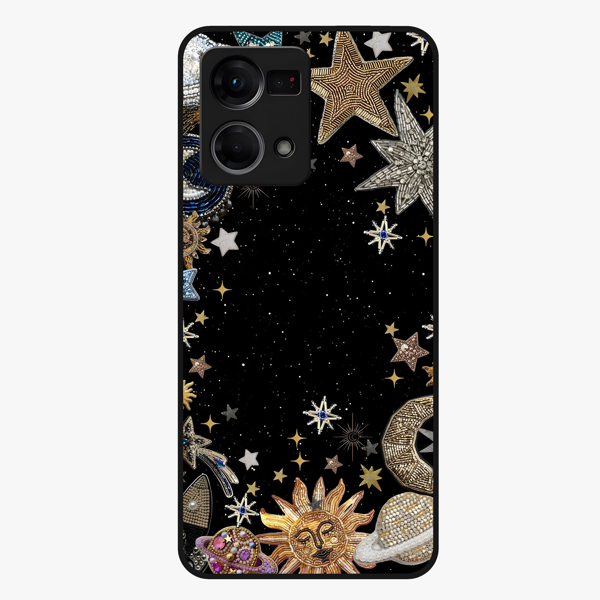 Galactic Jewel Stars Glass Case showing flat back view with sparkling star jewel artwork and glossy glass finish.