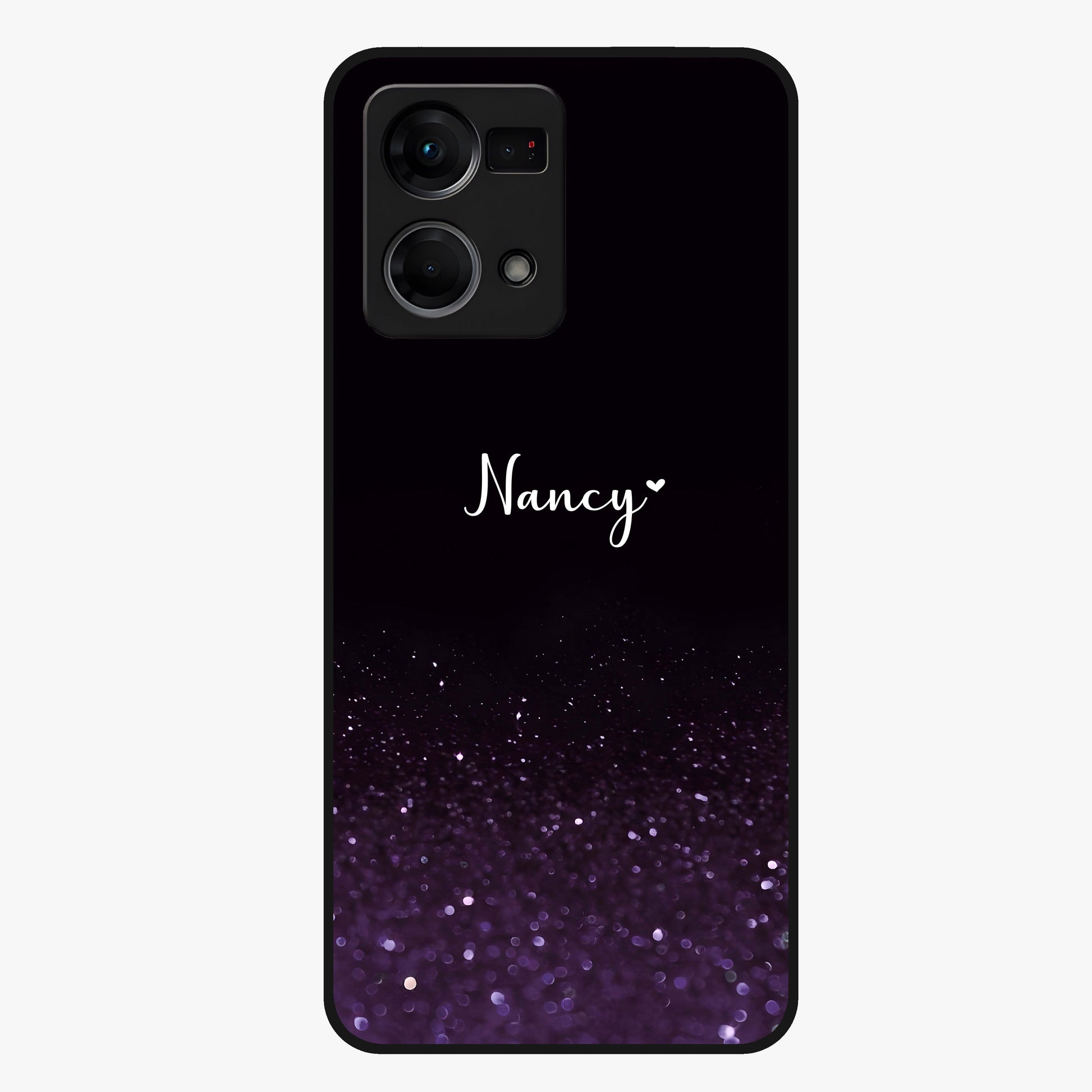 Glittery Purple Bokeh Custom Name Glass Case showing flat back view with purple bokeh sparkle artwork and personalized name design.