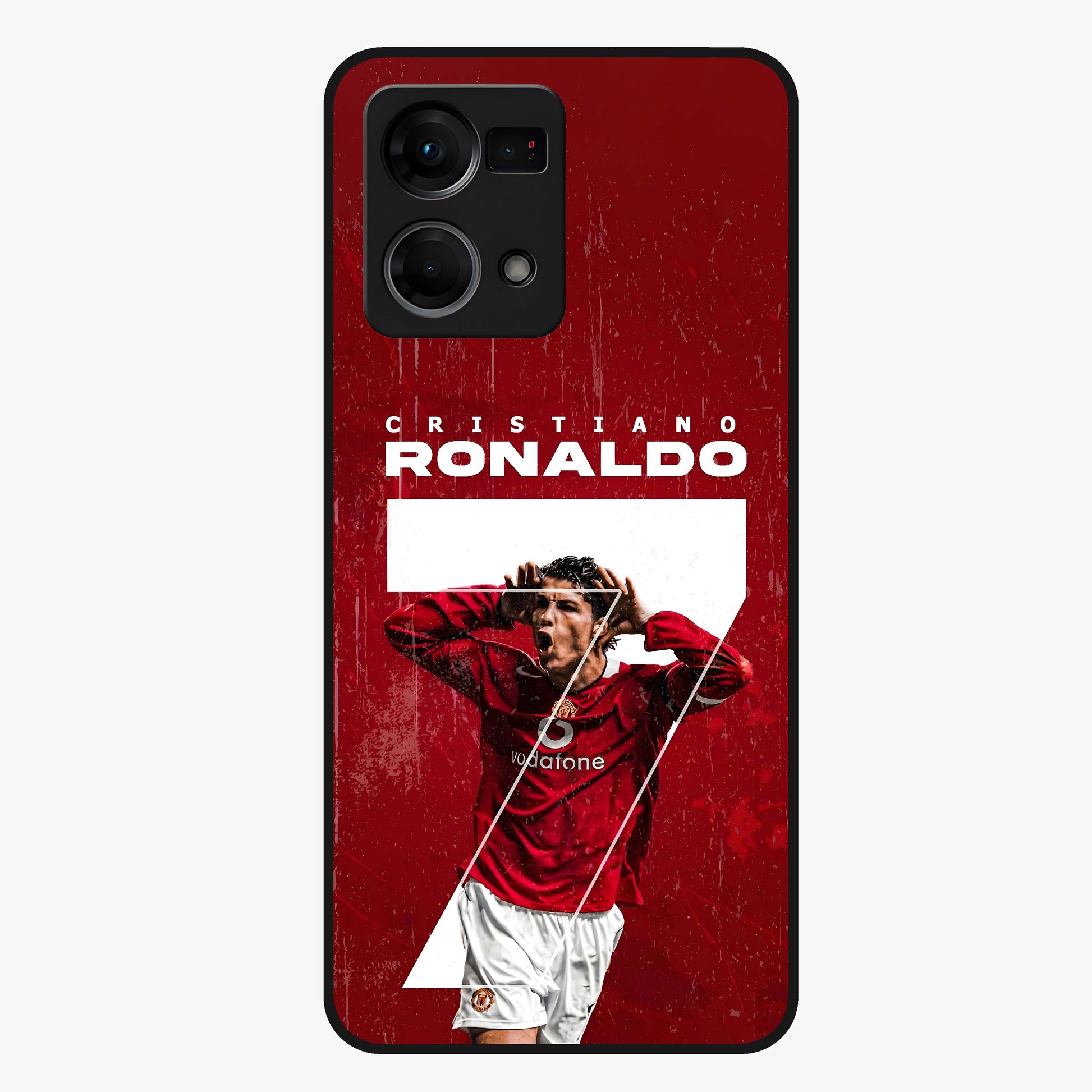 Goal Celebration Legacy Glass Case showing flat back view with football celebration inspired artwork and glossy glass finish.