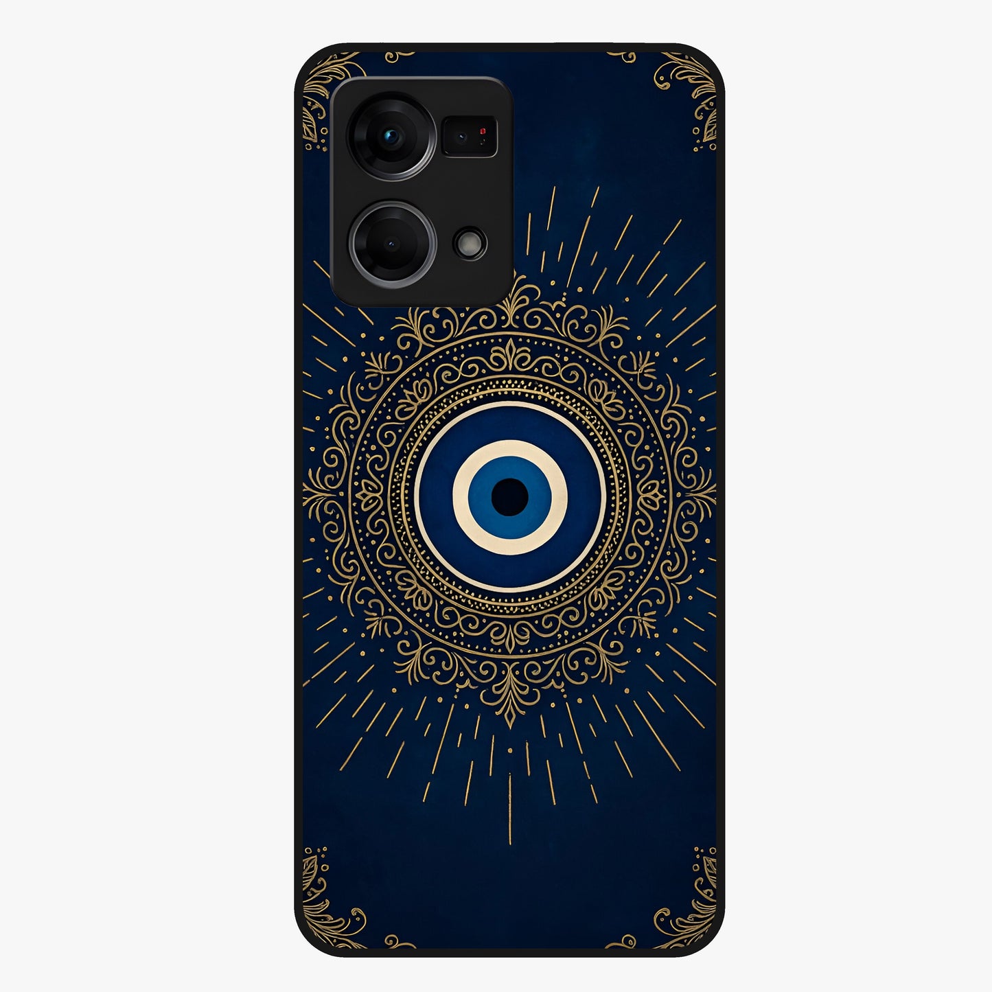 Golden Evil Eye Mandala Glass Case showing flat back view with intricate evil eye mandala artwork and glossy glass finish.