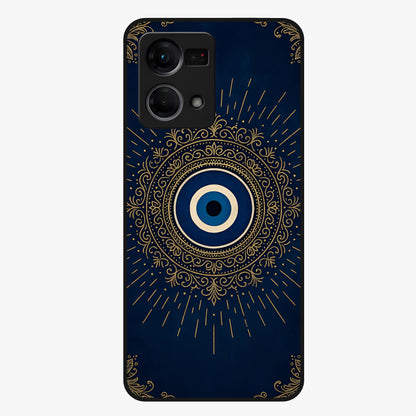 Golden Evil Eye Mandala Glass Case showing flat back view with intricate evil eye mandala artwork and glossy glass finish.