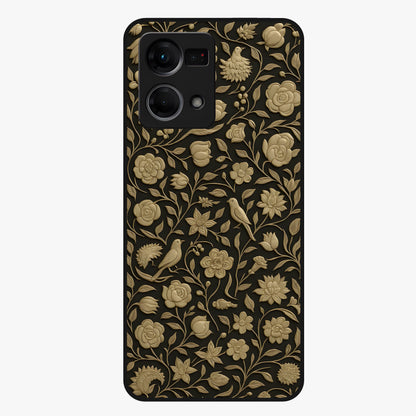 Golden Floral Majesty Glass Case showing flat back view with luxurious golden floral artwork and glossy glass finish.
