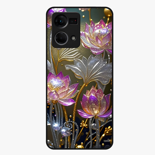 Golden Lotus Glow Glass Case showing flat back view with glowing lotus flower artwork and glossy glass finish.