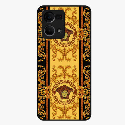 Golden Royal Heritage Glass Case showing flat back view with ornate royal pattern artwork and glossy glass finish.