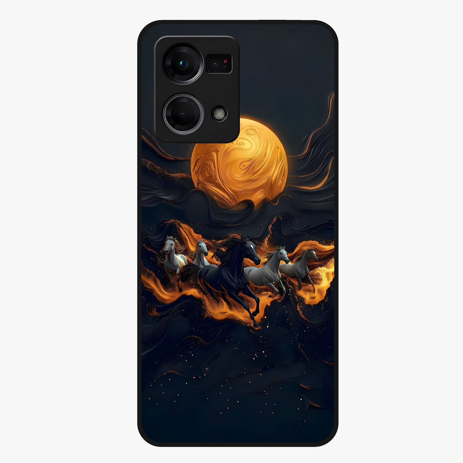 Golden Stallion Moonride Glass Case showing flat back view with majestic horse under moonlight artwork and glossy glass finish.